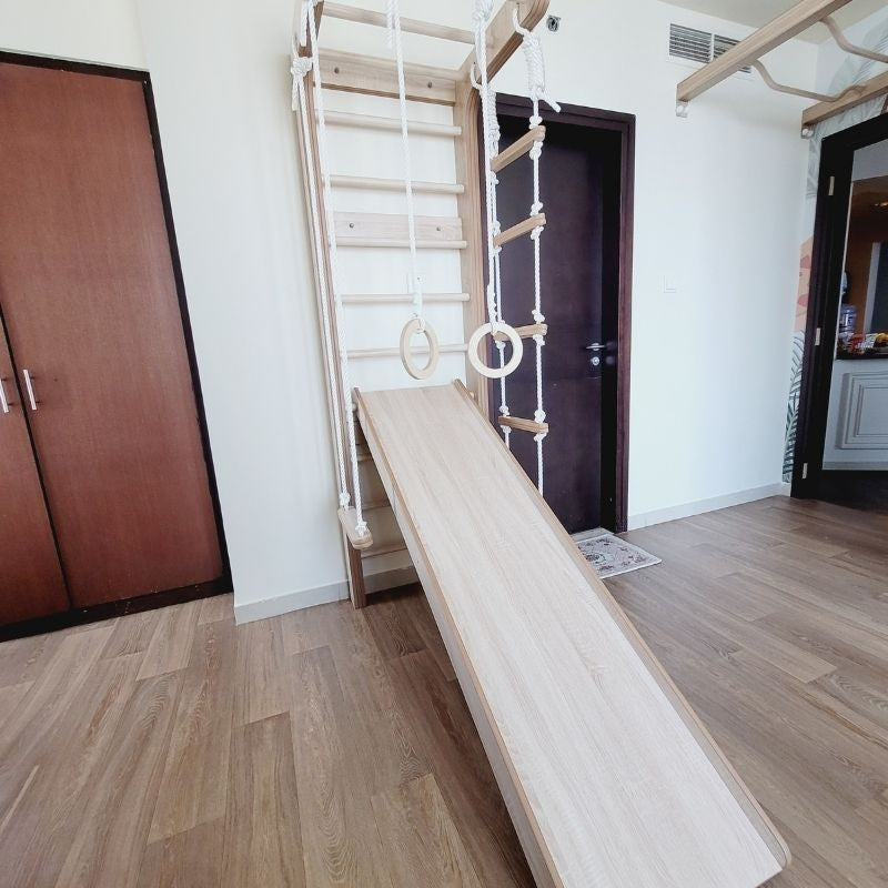 Climbing Wall Bar System with a Slide and Rings in Birch Plywood