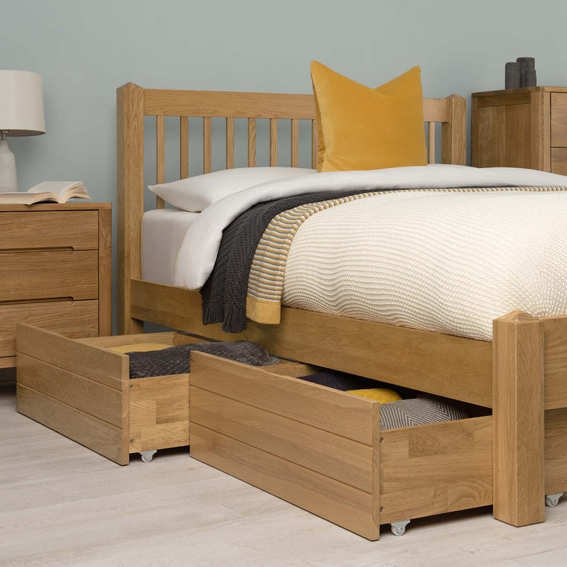 Floor Bed with an Under Bed Drawer Pair in Solid Oak