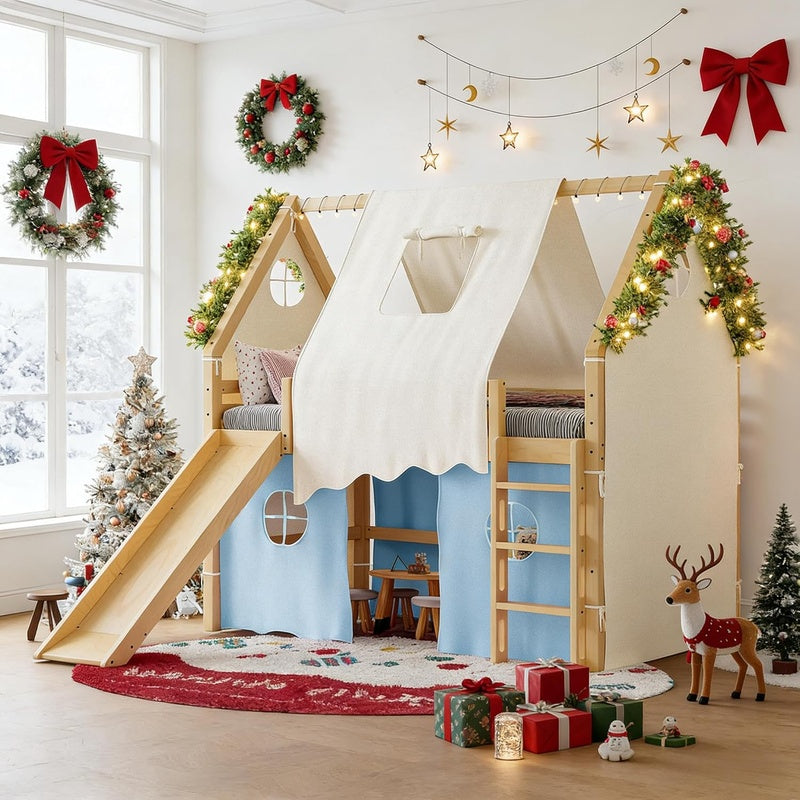 House Frame Bed with a Play Loft Above in Solid Oak