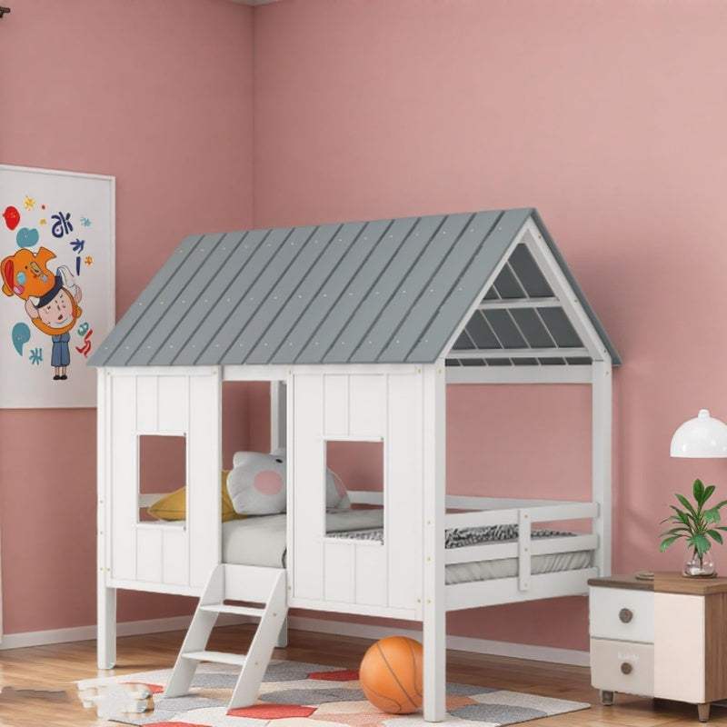 House Frame Bed with a Play Loft Above in Solid Pine