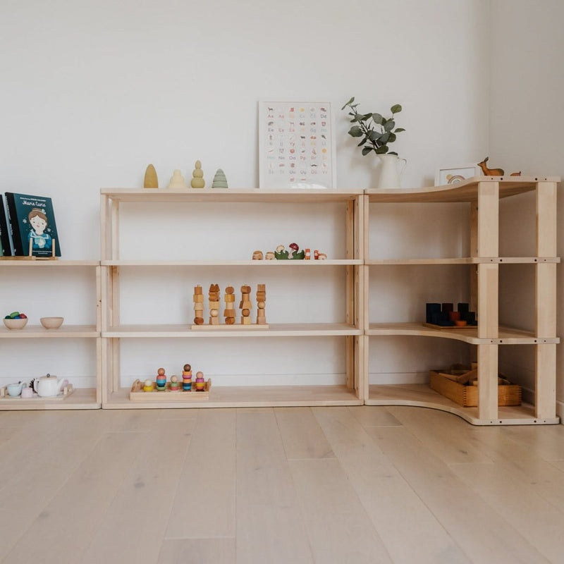 Nine Bay Montessori Shelving Wall 2700mm Wide in Painted Birch Plywood