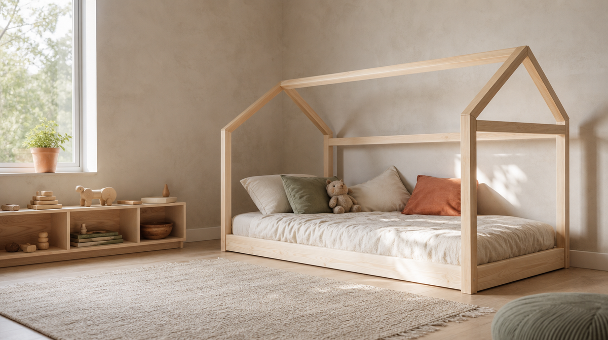 A low birch house frame floor bed and open shelving in a calm Scandinavian children's bedroom