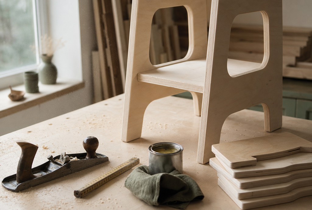 A workshop bench with a part assembled birch plywood learning tower and hand tools